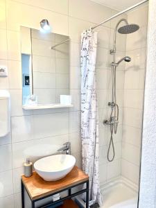 uma casa de banho com um lavatório e um chuveiro em Val Comeza em Komiža