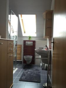 uma casa de banho com um lavatório, um WC e uma janela. em FeWo-Schmidt-im-Erzgebirge em Gelenau
