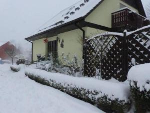una casa cubierta de nieve en un patio en FeWo-Schmidt-im-Erzgebirge, en Gelenau