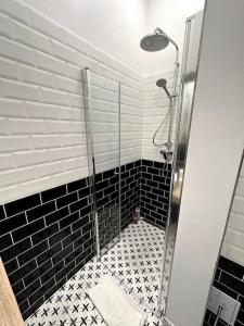 a bathroom with a shower with a black and white tile at Centrum Apartments Pstrossova in Prague