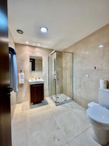 a bathroom with a shower and a toilet and a sink at Aphrodite Plaza in Larnaca