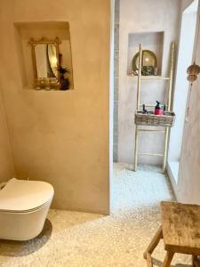 a bathroom with a white toilet and a mirror at Vidunderligt hus m/egen gårdhave - midt i centrum in Aalborg