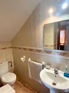 ein Badezimmer mit Toilette, Waschbecken und Spiegel in der Unterkunft Casa María Pilar in Cazorla