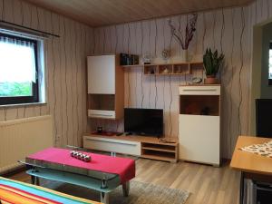 a living room with a table and a tv at Ferienwohnung-Schmidt-2 in Gelenau