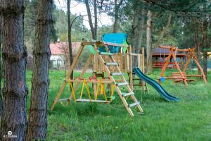 a group of playground equipment in a field with trees at Zajazd Leśny Zwierzyniec in Zwierzyniec