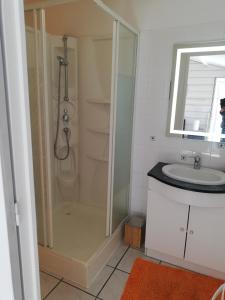 a bathroom with a shower and a sink at Studio indépendant chez l'habitant avec piscine et cuisine extérieure in La Rochelle