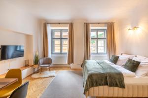 - une chambre avec un lit, une télévision et 2 fenêtres dans l'établissement Primavera - Castle view apartments, à Prague