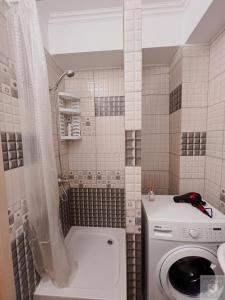 a bathroom with a washing machine and a shower at RentHouse Apartments Relax Studio in Chişinău