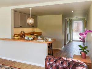 an open kitchen with a counter and a couch at Swallowtail Lodge in Brundall