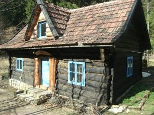 uma cabana de madeira com janelas azuis e um telhado em Holiday Park Zelenkovac em Podrašnica