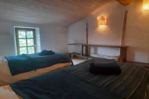 a bedroom with two beds and a window at Charme Zen Ecrin de verdure Fraîcheur Spa en juillet in Pezens