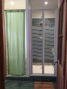 a bathroom with a shower and a glass door at Charme Zen Ecrin de verdure Fraîcheur Spa en juillet in Pezens