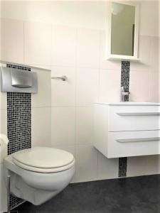 een witte badkamer met een toilet en een wastafel bij Frau Holle in Wolfhagen