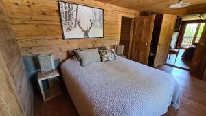 1 dormitorio con 1 cama en una cabaña de madera en Bas de chalet au coeur des Aravis, entre lac et montagne, en Saint-Jean-de-Sixt
