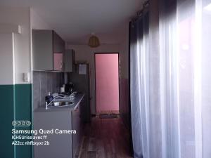 een keuken met een wastafel en een roze deur bij Bungalow tiayo in Saint-Leu