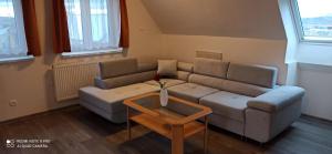uma sala de estar com um sofá e uma mesa em Chalupa u Tomáše em Brumovice