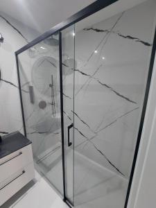 a shower with a glass door in a bathroom at Apartament Słoneczny Shellter Rogowo in Rogowo