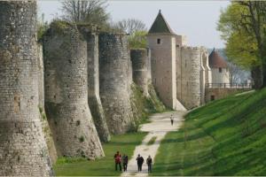 un grupo de personas caminando frente a un castillo en Maison de ville, centre de Provins, en Provins