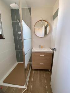 une salle de bain avec un lavabo et un miroir dans l'établissement Grand studio entre le golf et la plage à 800m, à Saint Cyprien Plage