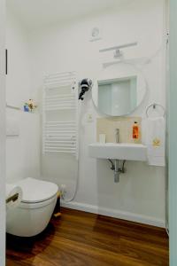 a bathroom with a toilet and a sink and a mirror at JT HOMES in Bruges