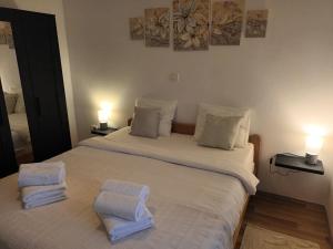 a bedroom with a bed with two towels on it at Apartman Rocky in Petrovija +14 photos