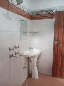 y baño con lavabo y espejo. en The Spotted Dove Homestay, en Maneri