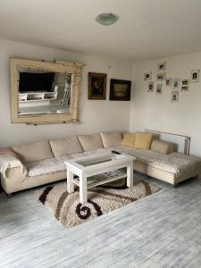 ein Wohnzimmer mit einem Sofa und einem Tisch in der Unterkunft Mala Oaza in Čačak