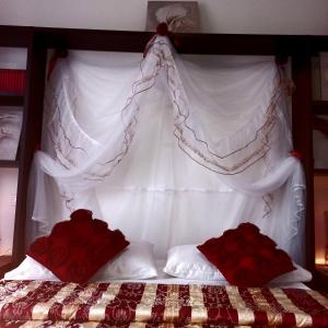 een bed met 2 rode kussens en een baldakijn bij Barbara Meniconi in Città della Pieve