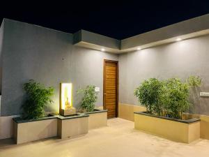 una hall con tre piante in vaso e una luce di Inception Residence a Gurgaon
