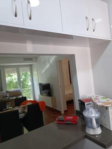 uma cozinha com um balcão e uma sala de estar em Lyrioshomes Apartamento Filpo Rojas , Sevilla em Sevilha