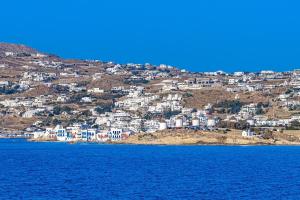 a view of a town from the water at Myko Villa Private Heated Pool on beach in Ornos