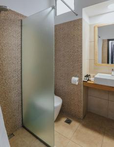 Apollo Resort في أغيا مارينا ايجينا: حمام مع باب دش زجاجي ومرحاض