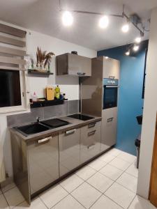 eine Küche mit Küchengeräten aus Edelstahl und blauen Wänden in der Unterkunft Gîte du Moulin de Tart le Bas 