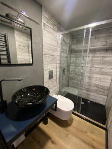 a bathroom with a sink and a toilet and a shower at Floating Apartments - ODRA DREAM in Szczecin