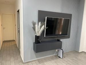 Elle comprend une télévision à écran plat installée sur un mur. dans l'établissement House Serapide Puteoli, à Quarto