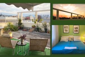 two pictures of a room with a bed and a patio at Sacred Way rooftop apartment in Athens