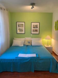 Una cama azul en una habitación con una pared verde en Sacred Way rooftop apartment en Atenas