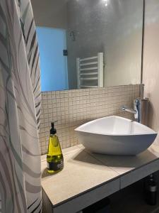 baño con un gran fregadero blanco en una encimera en Sacred Way rooftop apartment en Atenas