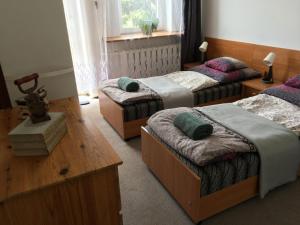 1 Schlafzimmer mit 3 Betten, einem Tisch und einem Fenster in der Unterkunft Willa Ewa in Busko-Zdrój