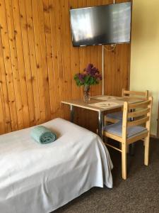 ein Schlafzimmer mit einem Tisch, einem Stuhl und einem Schreibtisch in der Unterkunft Willa Ewa in Busko-Zdrój