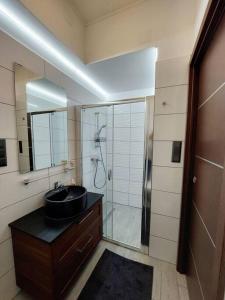 uma casa de banho com um lavatório e um chuveiro com um espelho. em Gemütliche Stadtwohnung in Klagenfurt em Klagenfurt