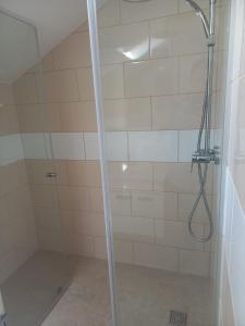a shower with a glass door in a bathroom at Casa Dos Ramos in Arco da Calheta +11 photos