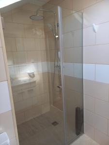 a shower with a glass door in a bathroom at Casa Dos Ramos in Arco da Calheta