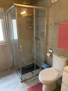 a bathroom with a glass shower and a toilet at Comme à la Maison in Brussels