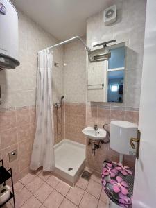 a bathroom with a shower and a toilet and a sink at City Place in Split