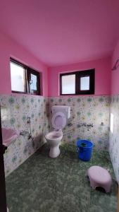 une salle de bains rose avec toilettes et lavabo. dans l'établissement Foreshore Resort, à Srinagar