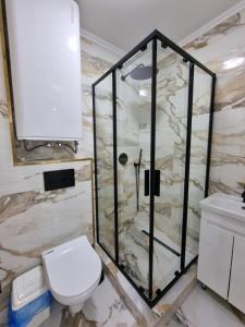 a bathroom with a toilet and a glass shower at Гостьовий будинок Східна 19 in Umanʼ