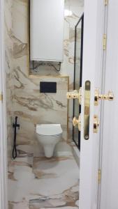 a bathroom with a toilet and a mirror at Гостьовий будинок Східна 19 in Umanʼ