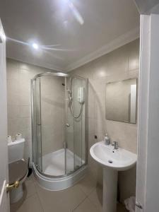 a bathroom with a shower and a sink and a toilet at Rooms at 31 in Stonehaven