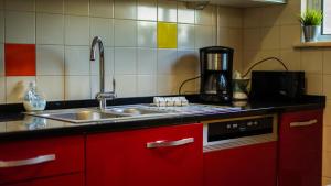 a kitchen with red cabinets and a sink at Quinta da Felicidade, Casa Estrela in Guia